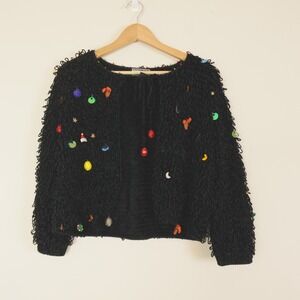 Berek Sweater‎ Black Chenille Christmas Baubles Cardigan
